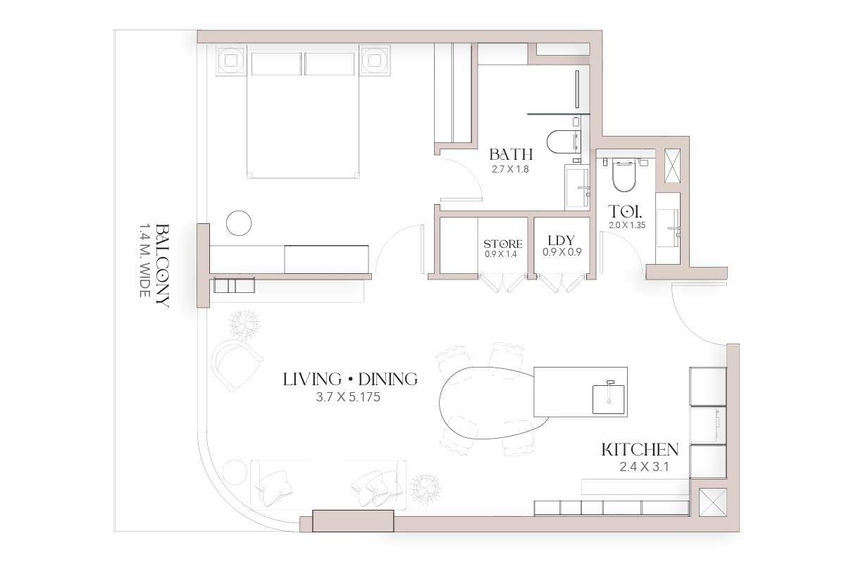 Luxor By Imtiaz A detailed floor plan layout showcasing a living area, kitchen, bath, balcony, and storage spaces.